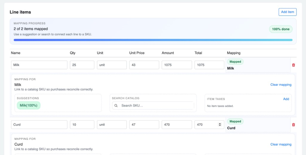Line items table with mapping progress bar and expanded mapping panel with SKU suggestions