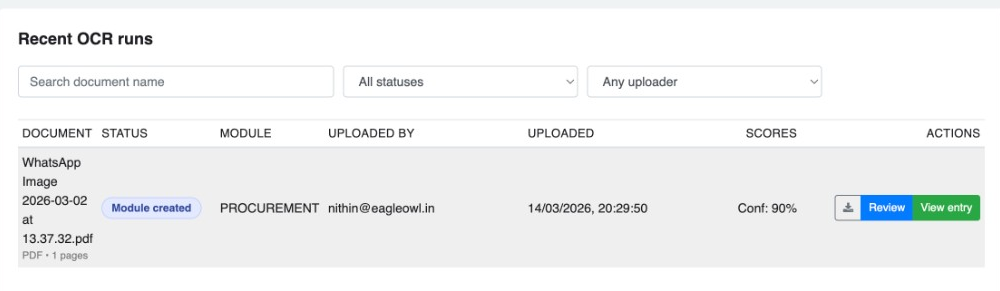 Recent OCR runs table with filters, status badge, confidence score, and Review button