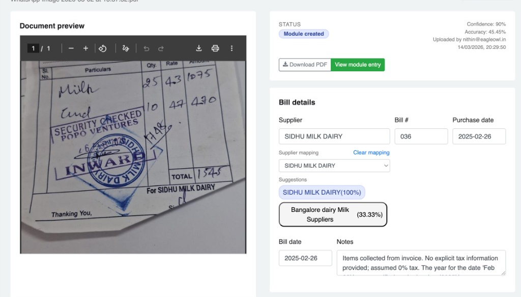 Review draft page with document preview, status metrics, and bill details form with supplier suggestions