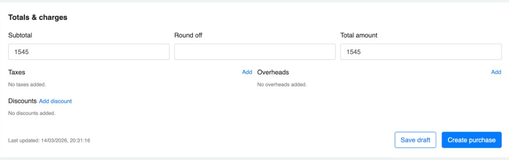 Totals and charges section with subtotal, total amount, and Create purchase button