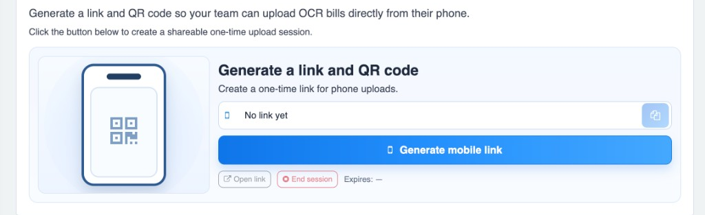 Generate mobile link section with QR placeholder and generate button