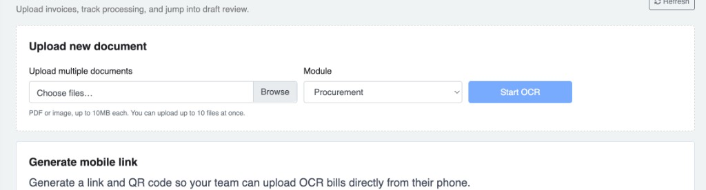 OCR workspace upload area with file picker, Procurement module, and Start OCR button